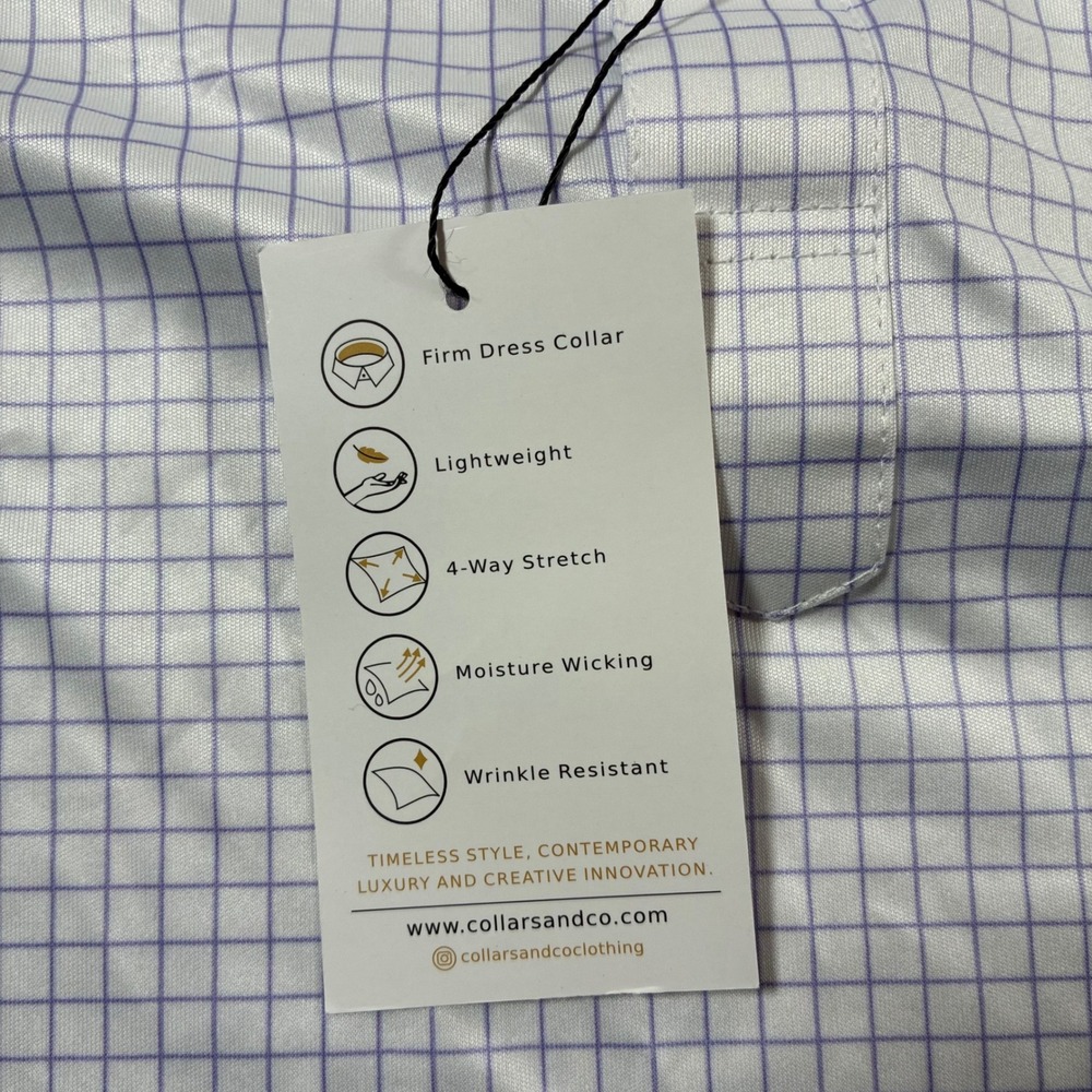 NEW Collars & Co Polo Mens 2XL White Purple Windowpane Check Performance Shirt - Picture 4 of 8